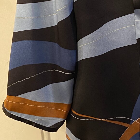 NWT i.e. Womens 100% Silk Blouse Shirt Sz 8 (M) 3/4 Sleeve Blue/Brown Abstract - Picture 4 of 11